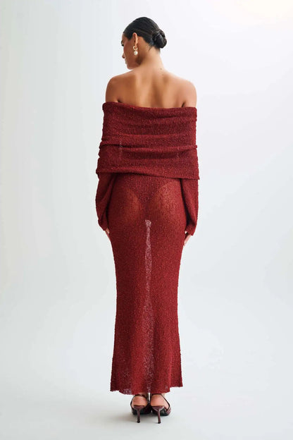 SOLVANA | Gehaakte maxi strandjurk met off-shoulder hals