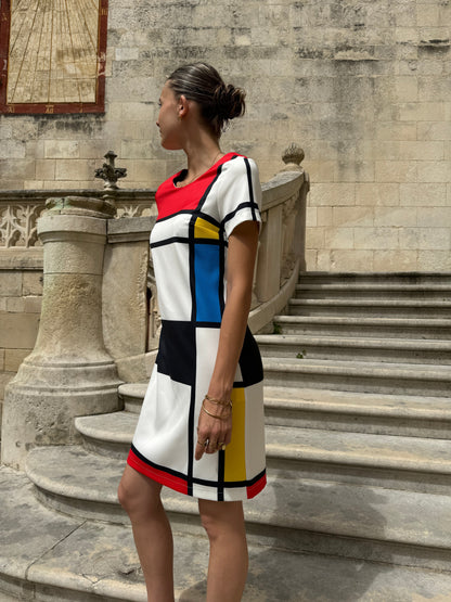 Lina – Retro Mini Jurk met Mondriaanprint