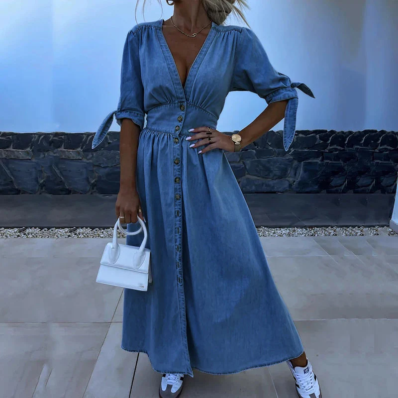 JENARA | Denim maxi-jurk met knopen en strikmouwen 0