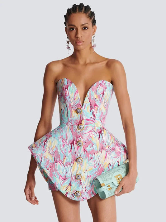 LEONTINA | Sculpturale Strapless Mini Jurk met Abstracte Print 0
