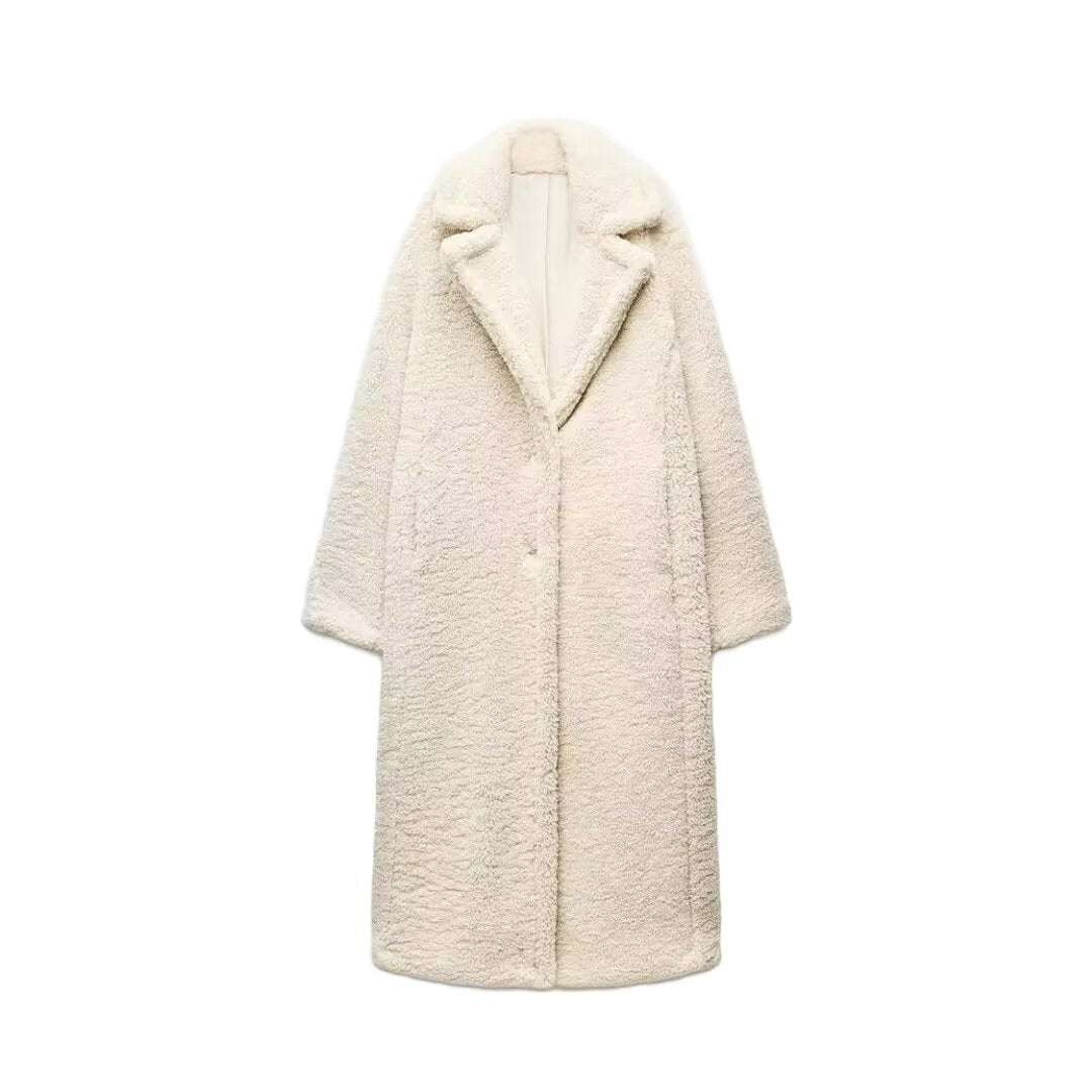 Lange Winterjas Dames van Zachte Teddy Stof met Reverskraag en Steekzakken voor Extra Warmte en Comfort