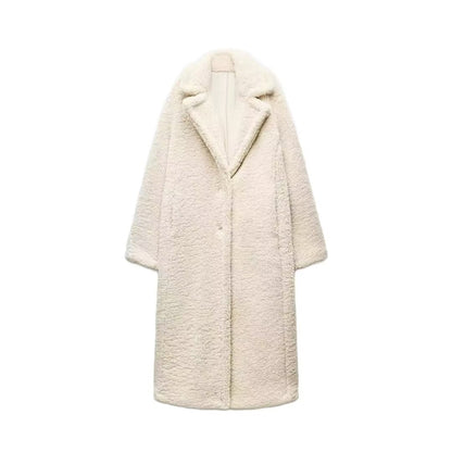 Lange Winterjas Dames van Zachte Teddy Stof met Reverskraag en Steekzakken voor Extra Warmte en Comfort