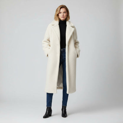 Lange Winterjas Dames van Zachte Teddy Stof met Reverskraag en Steekzakken voor Extra Warmte en Comfort