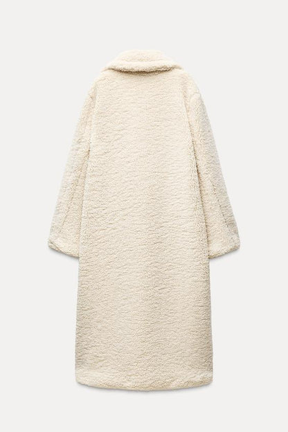 Lange Winterjas Dames van Zachte Teddy Stof met Reverskraag en Steekzakken voor Extra Warmte en Comfort