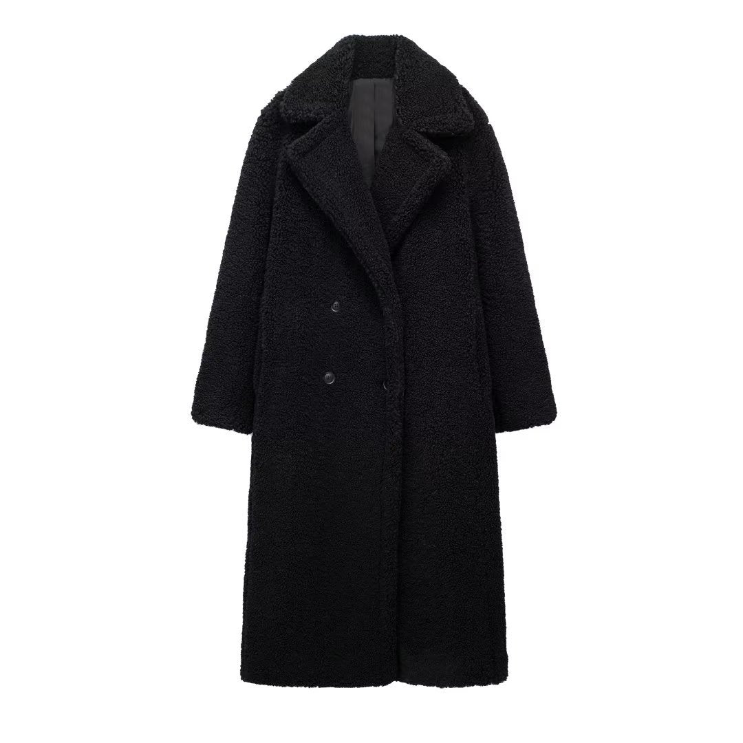 Lange Winterjas Dames van Zachte Teddy Stof met Reverskraag en Steekzakken voor Extra Warmte en Comfort