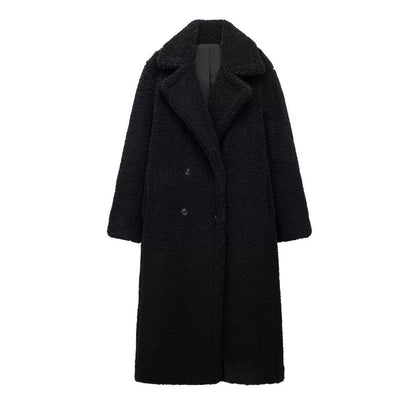 Lange Winterjas Dames van Zachte Teddy Stof met Reverskraag en Steekzakken voor Extra Warmte en Comfort