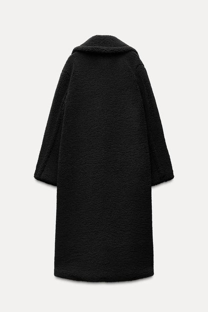 Lange Winterjas Dames van Zachte Teddy Stof met Reverskraag en Steekzakken voor Extra Warmte en Comfort