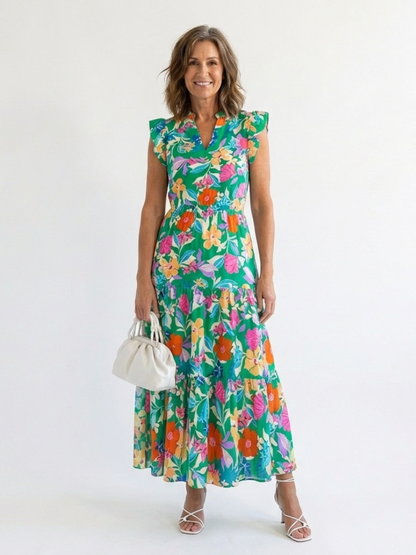 Lila Midi-jurk voor Vrouwen | Gelaagd Ontwerp met Bloemenprint 0