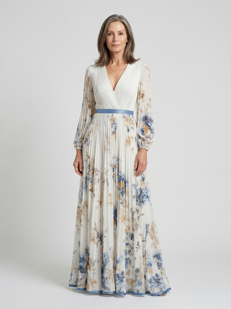 Lina Dames Maxi Jurk | Zachte Ivoor met Bloemenprint, Lange Mouwen 0