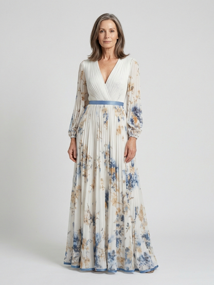 Lina Dames Maxi Jurk | Zachte Ivoor met Bloemenprint, Lange Mouwen 0