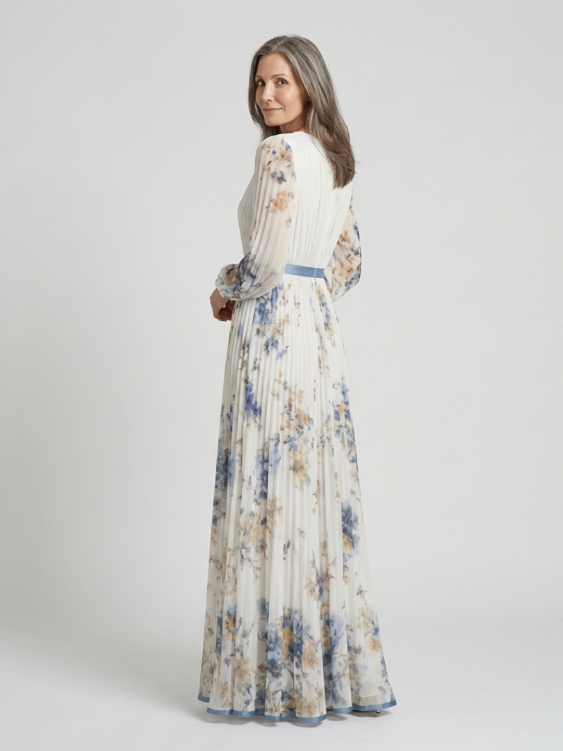 Lina Dames Maxi Jurk | Zachte Ivoor met Bloemenprint, Lange Mouwen 1