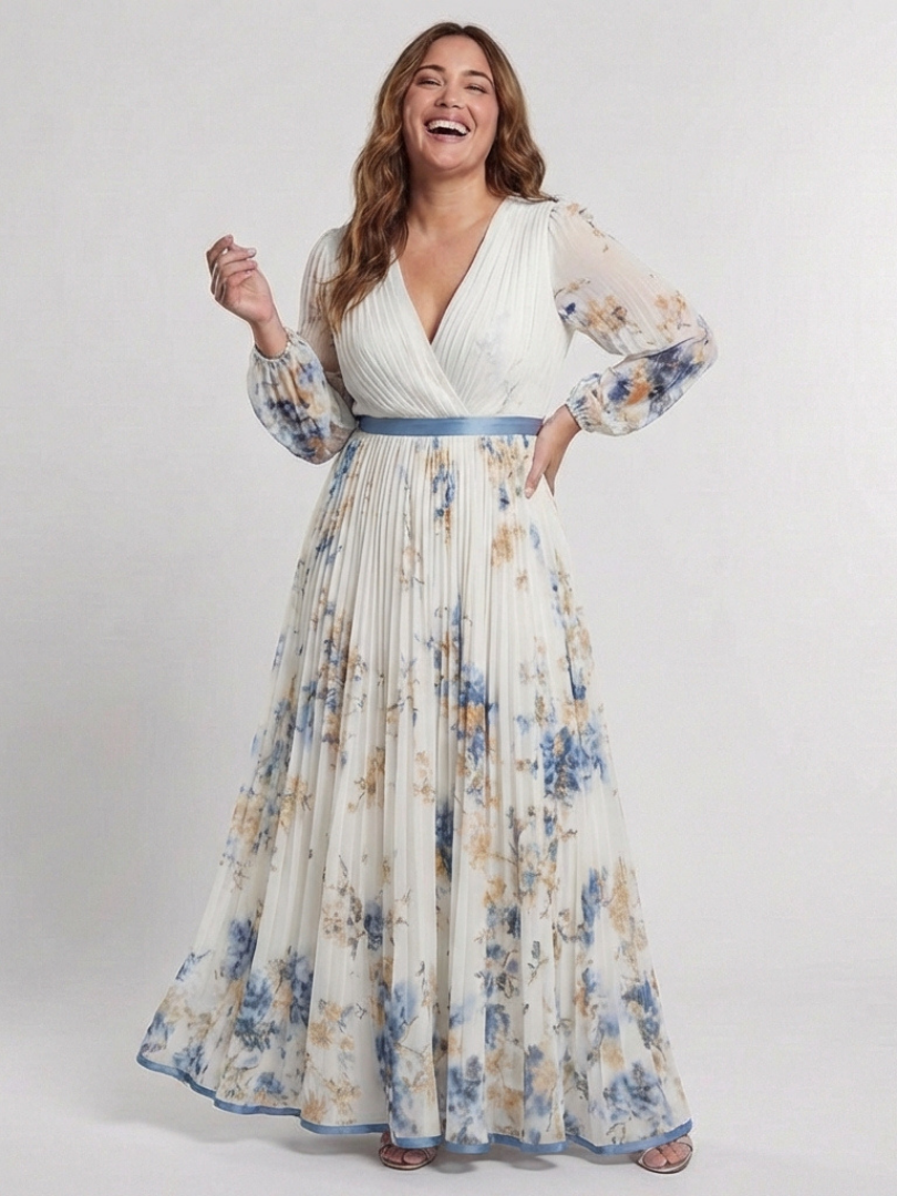 Lina Dames Maxi Jurk | Zachte Ivoor met Bloemenprint, Lange Mouwen 3