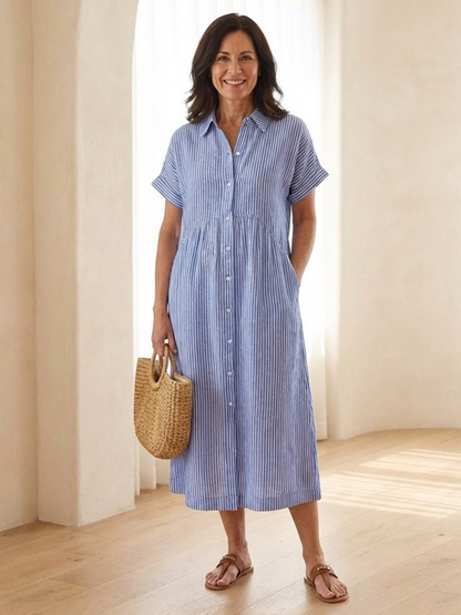 Lina Dames Midi-jurk | Ademend Katoen, Streeppatroon voor Zomer Kleding 0