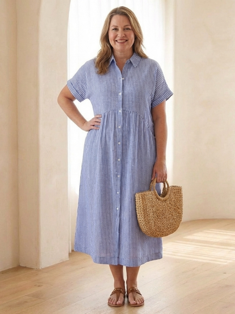 Lina Dames Midi-jurk | Ademend Katoen, Streeppatroon voor Zomer Kleding 2