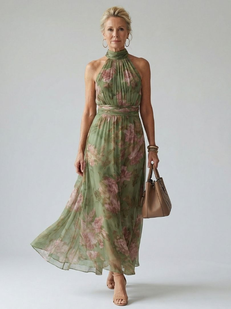 Mirelle Dames Midi Jurk | Lichtgewicht Halterontwerp, Geplooid Lijfje 0