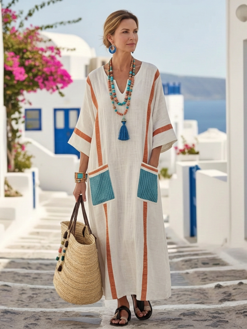 Nora Dames Maxi Jurk | Ademend Katoenmix, Elegante V-hals 2