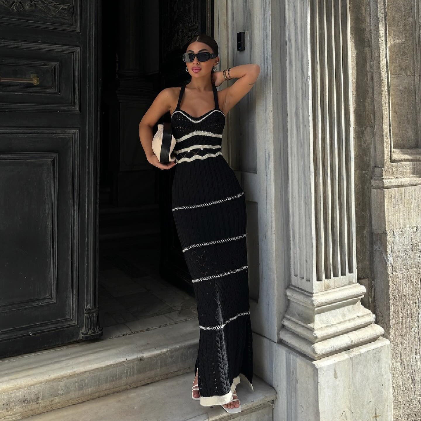 LUNAYA | Boho Maxi-jurk met Gehaakte Details en Gestreept Design