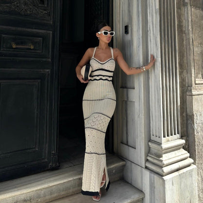 LUNAYA | Boho Maxi-jurk met Gehaakte Details en Gestreept Design