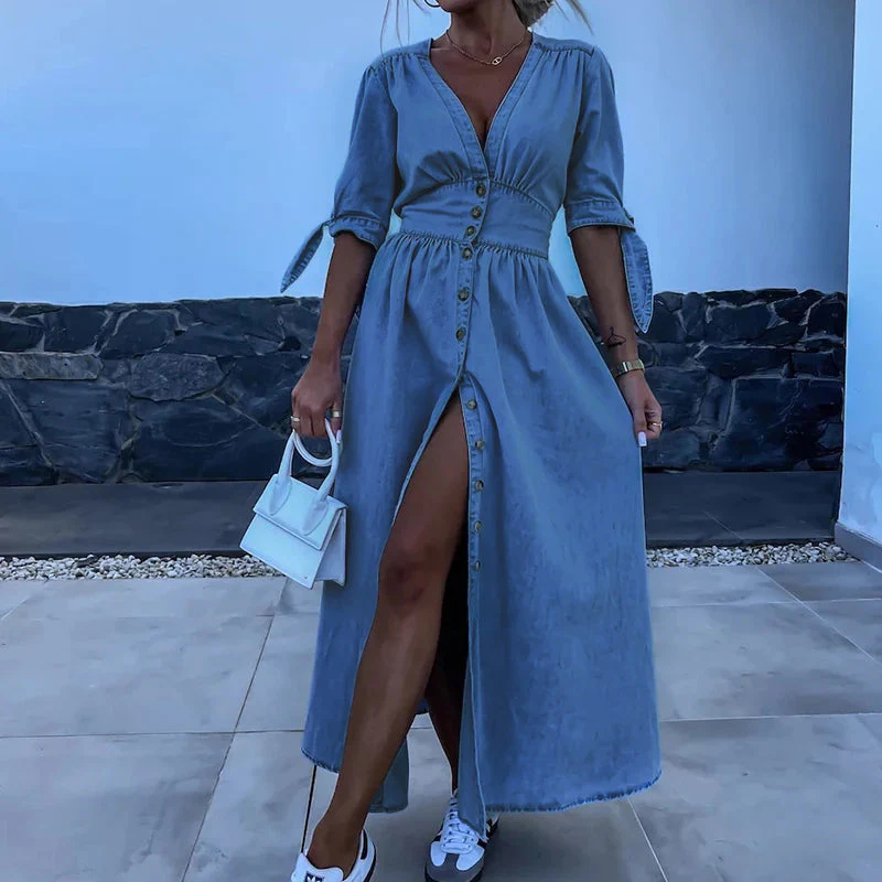 JENARA | Denim maxi-jurk met knopen en strikmouwen