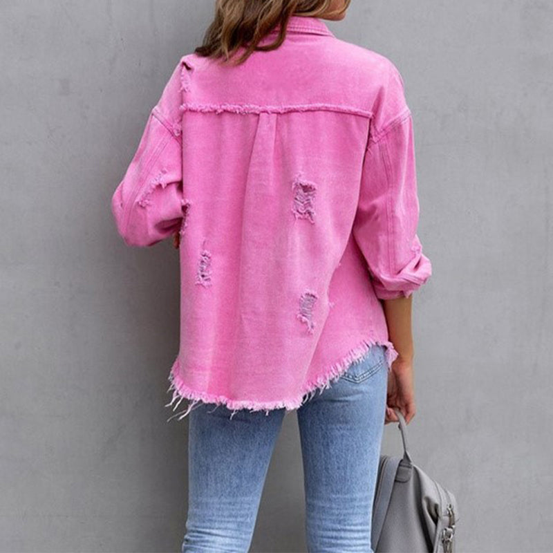 YANELA | Oversized Denim Blousejack met Gerafelde Details