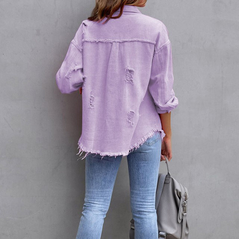 YANELA | Oversized Denim Blousejack met Gerafelde Details