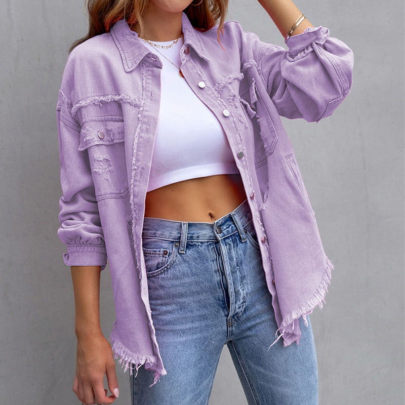 YANELA | Oversized Denim Blousejack met Gerafelde Details