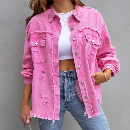 YANELA | Oversized Denim Blousejack met Gerafelde Details