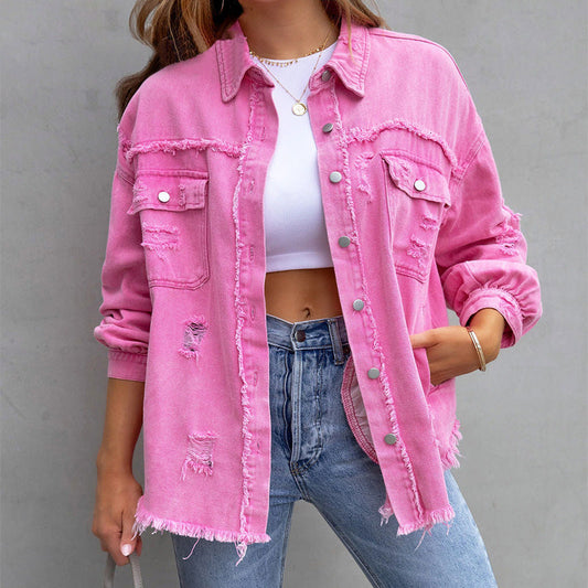 YANELA | Oversized Denim Blousejack met Gerafelde Details