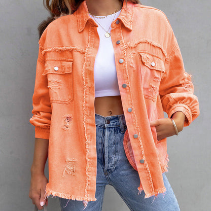 YANELA | Oversized Denim Blousejack met Gerafelde Details