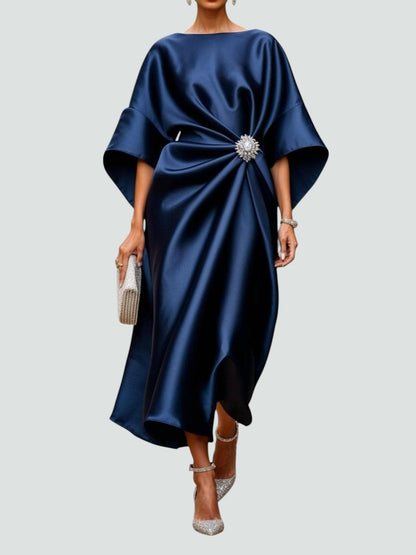 Rina Dames Maxi Jurk | Elegante Drapage met Broche voor Zomer Events 0