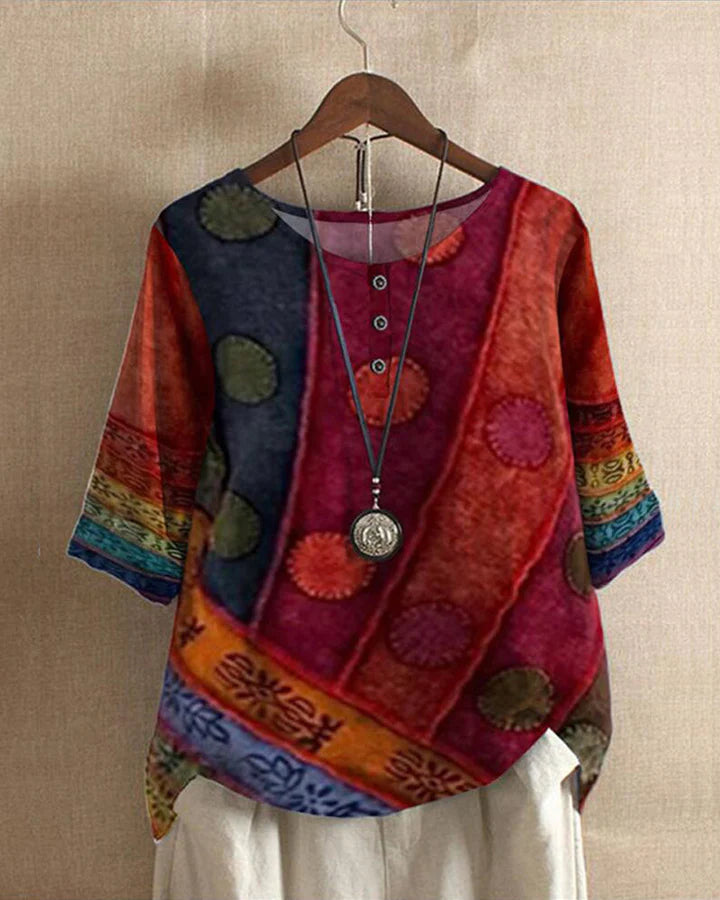 Rita Dames Top | Unieke Wijnoogstprint, 100% Katoen 0