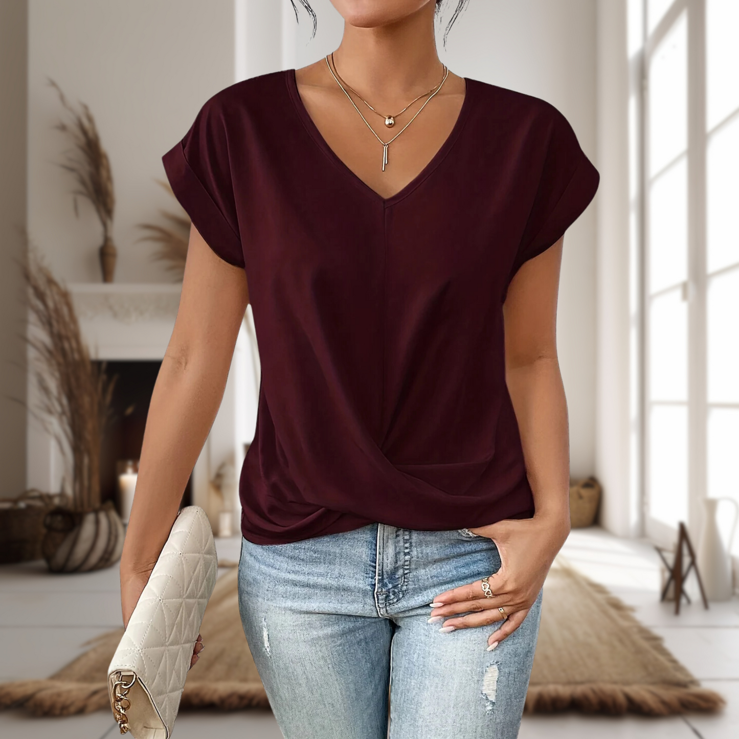 Rosa Dames Blouse | Elegante V-Hals, Gedraaide Zoom, 100% Viscose 0