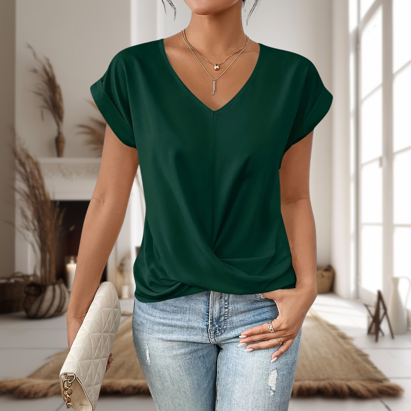 Rosa Dames Blouse | Elegante V-Hals, Gedraaide Zoom, 100% Viscose 6