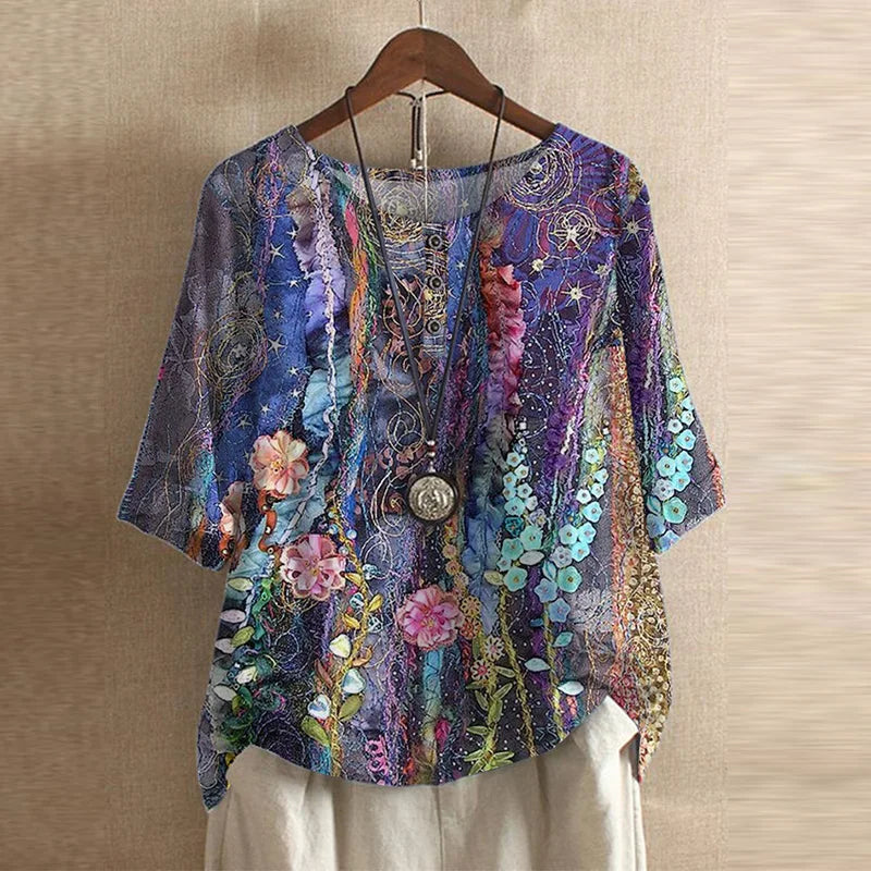 Rosa Dames Top | Bloemenprint, Ronde Hals, 100% Katoen 8