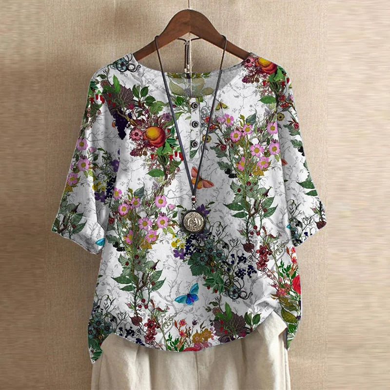 Rosa Dames Top | Bloemenprint, Ronde Hals, 100% Katoen 9