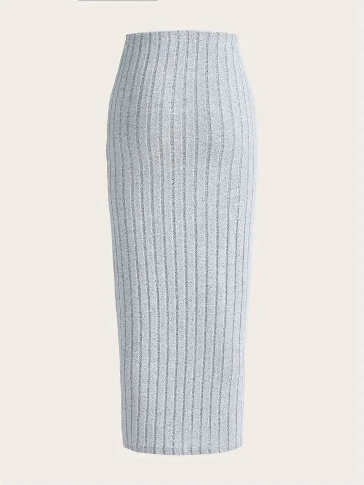 SYRENE | Ribgebreide midi kokerrok met hoge taille