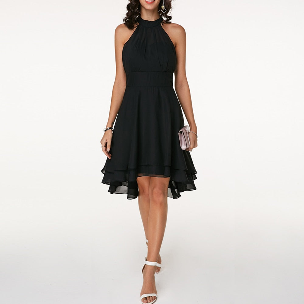 Maréline | Halter Midi-Jurk met High-Low Zoom en Aansluitende Pasvorm