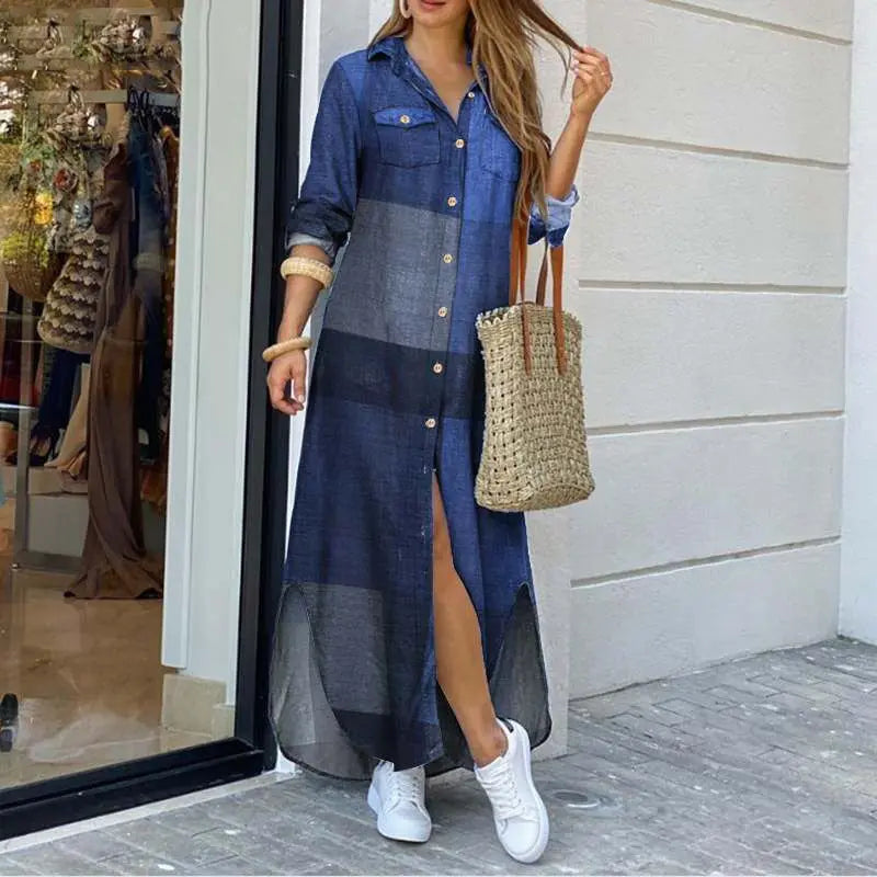 MAELYN | Maxi Denim Jurk met Relaxte Pasvorm en Shirtkraag