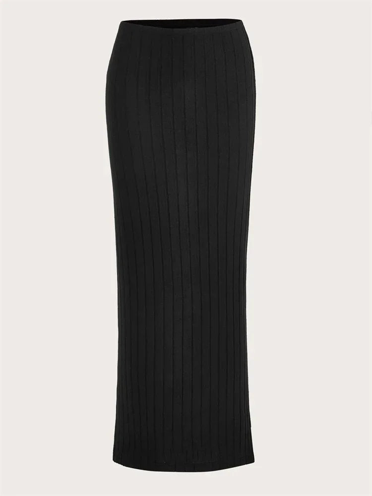 SYRENE | Ribgebreide midi kokerrok met hoge taille
