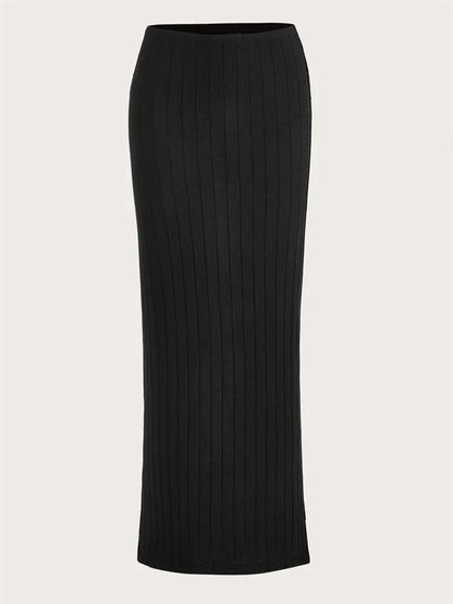 SYRENE | Ribgebreide midi kokerrok met hoge taille