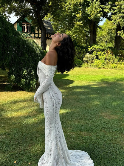 Noémie – Elegante Off-Shoulder Maxi Jurk met Kant en Ruffles