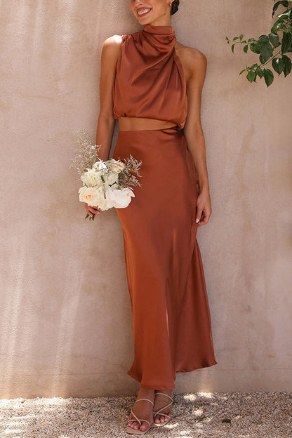SALVINA | Satijnen Two-Piece Set met Haltertop & Vloeiende Maxi-Rok 12
