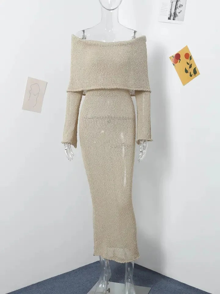SOLVANA | Gehaakte maxi strandjurk met off-shoulder hals 0