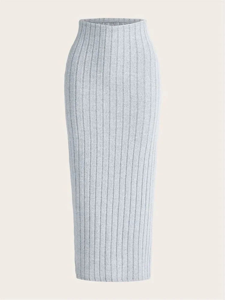 SYRENE | Ribgebreide midi kokerrok met hoge taille 0