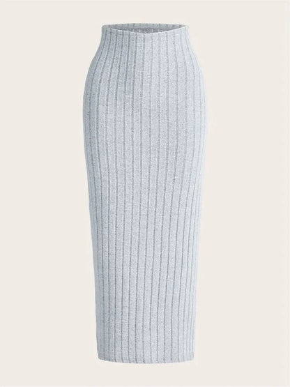 SYRENE | Ribgebreide midi kokerrok met hoge taille