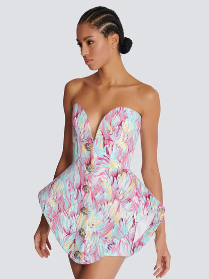 LEONTINA | Sculpturale Strapless Mini Jurk met Abstracte Print