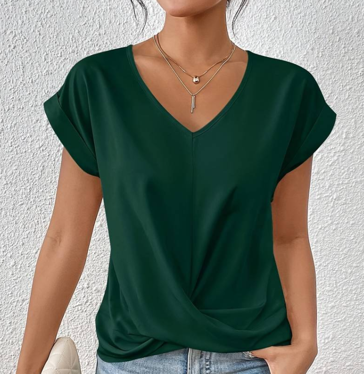 CELIN | V-Hals Top met Gewikkelde Zoom en Casual Detail