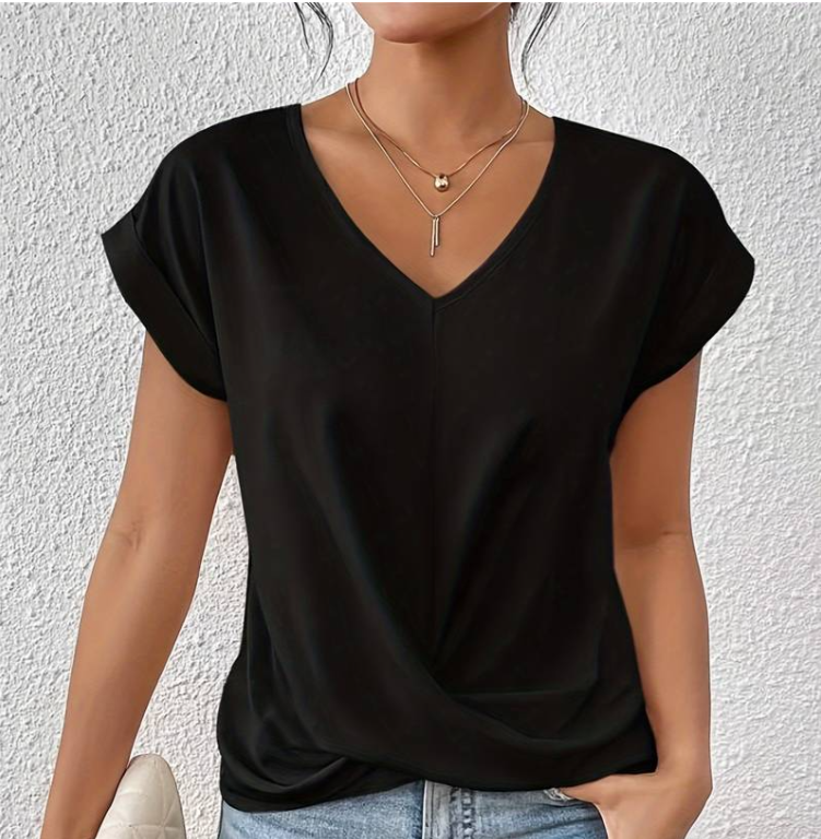CELIN | V-Hals Top met Gewikkelde Zoom en Casual Detail