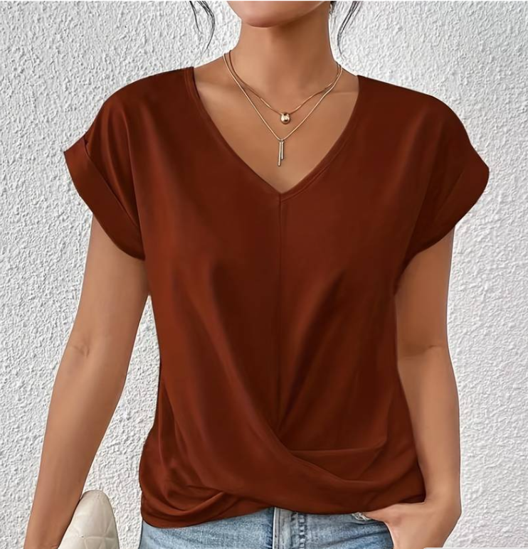 CELIN | V-Hals Top met Gewikkelde Zoom en Casual Detail