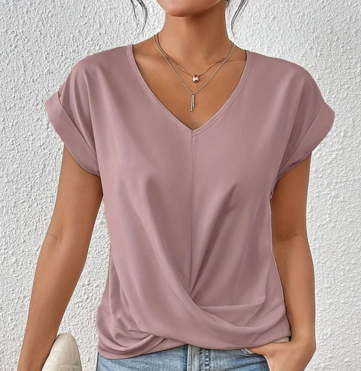 CELIN | V-Hals Top met Gewikkelde Zoom en Casual Detail